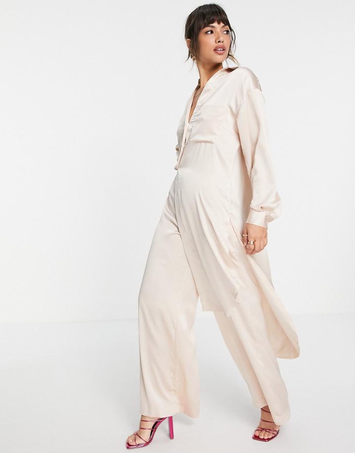 Asos Design Long Line Satin Shirt In Oyster - Part Of A Set-white