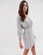 Asos Design Mini Pencil Dress With Button Skirt - Gray