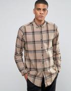 Asos Longline Camel Check Shirt With Textured Fabric And Long Sleeves In Regular Fit - Camel