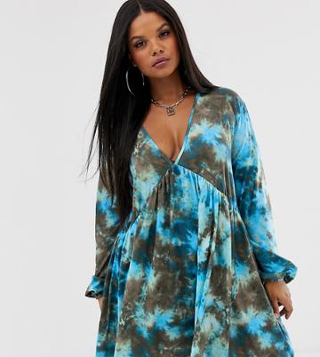 Rokoko Plus Long Sleeved Smock Dress In Tie Dye - Brown