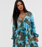 Rokoko Plus Long Sleeved Smock Dress In Tie Dye - Brown