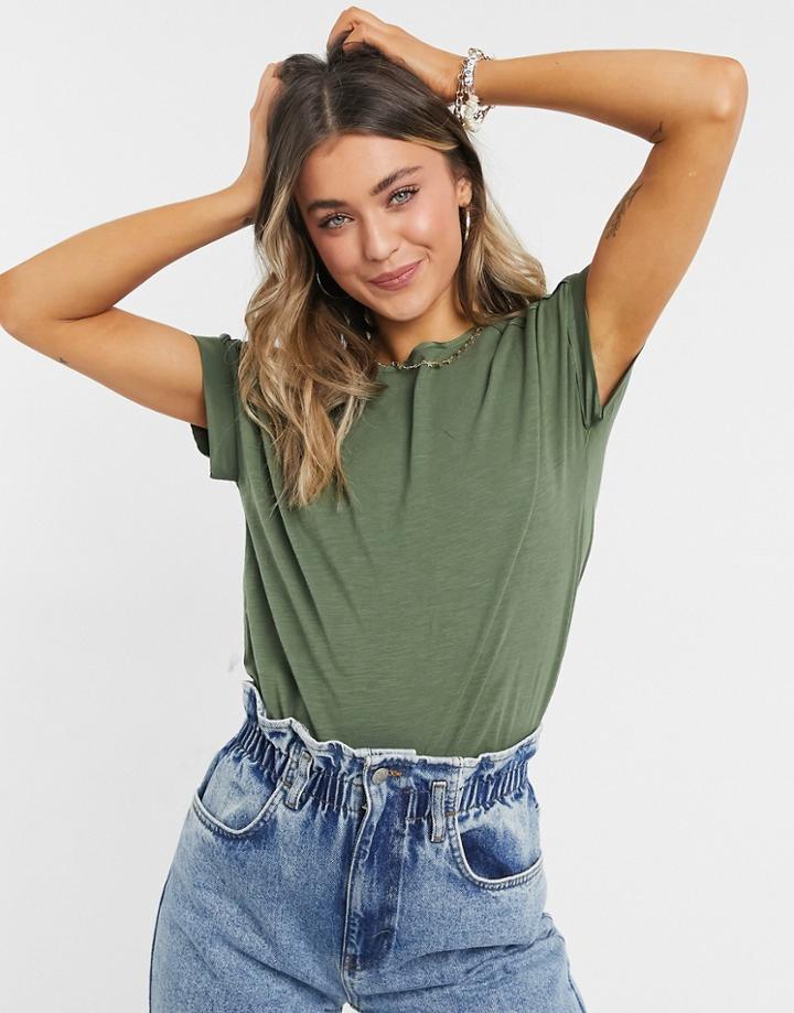 Oasis Roll Sleeve T-shirt In Khaki-green
