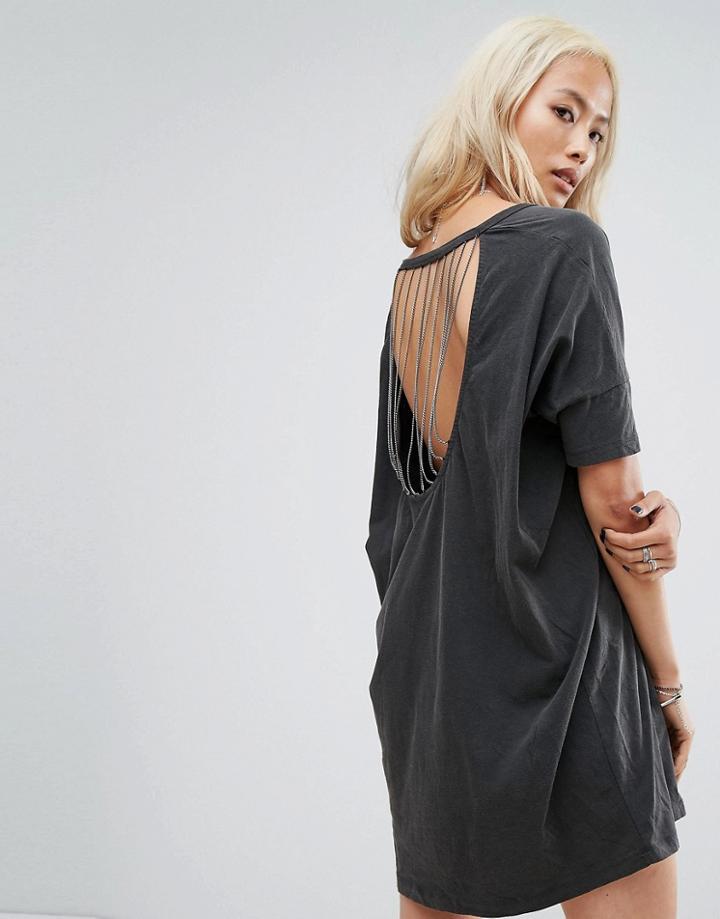 Religion Relaxed T-shirt Dress With Cross Bones Print And Cut Out Chain Link Back - Black