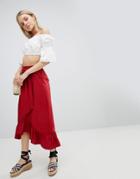 Asos Design Cotton Midi Skirt With Tie Belt And Ruffle Hem - Orange