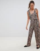 Miss Selfridge Jumpsuit With Tie Strap Detail In Leopard Print - Multi