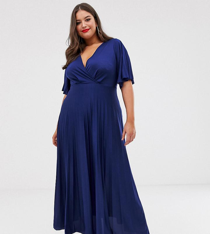 Asos Design Curve Kimono Pleated Maxi Dress-navy