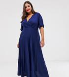 Asos Design Curve Kimono Pleated Maxi Dress-navy