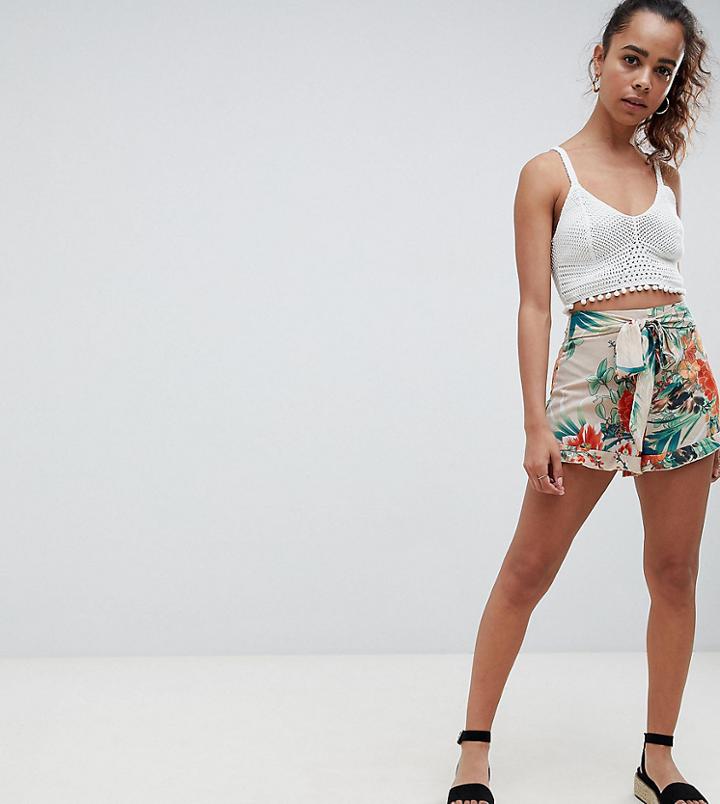 Parisian Petite Floral Frill Hem Shorts With Tie Waist - Multi