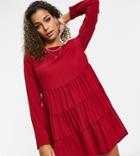 Missguided Tiered Smock Dress With Long Sleeves In Burgundy