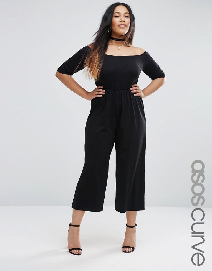 Asos Curve Bardot Jumpsuit With Wide Leg Culotte - Black