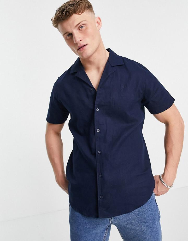 Threadbare Short Sleeve Linen Mix Shirt In Navy
