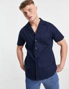 Threadbare Short Sleeve Linen Mix Shirt In Navy
