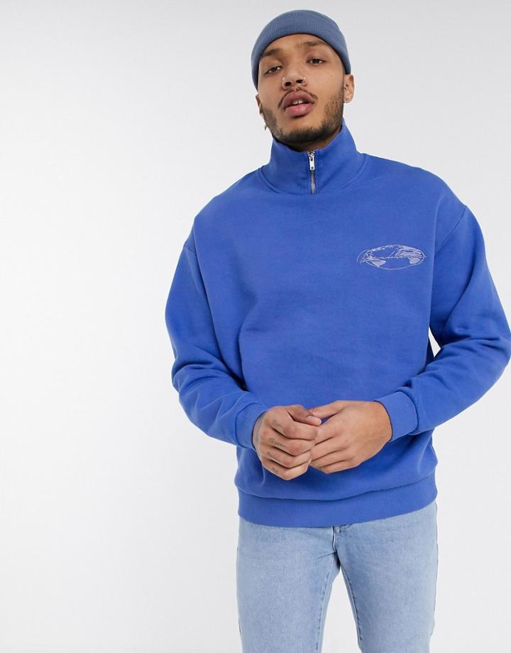 Asos Design Oversized Sweatshirt In Blue With High Neck Detail And Chest Print-purple