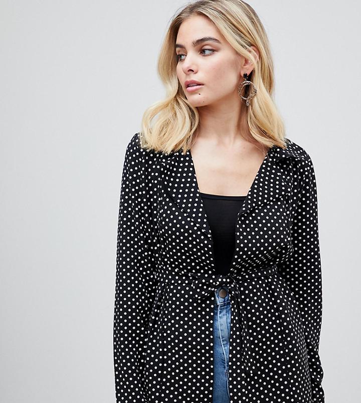 Prettylittlething Polka Dot Tie Waist Shirt - Black