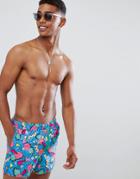 Asos Design Swim Shorts With Retro Pinepple Print In Short Length - Blue