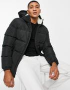 Threadbare Puffer Jacket With Sherpa Lined Collar And Detachable Hood In Black