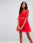 Asos Tulle Mini Dress With Lace Sleeves - Red