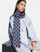 Asos Design Jacquard Knit Scarf In Blue And Brown Checkerboard Print-multi