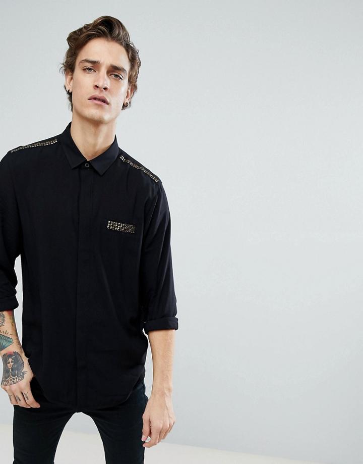 Asos Regular Fit Shirt With Studded Pocket - Black