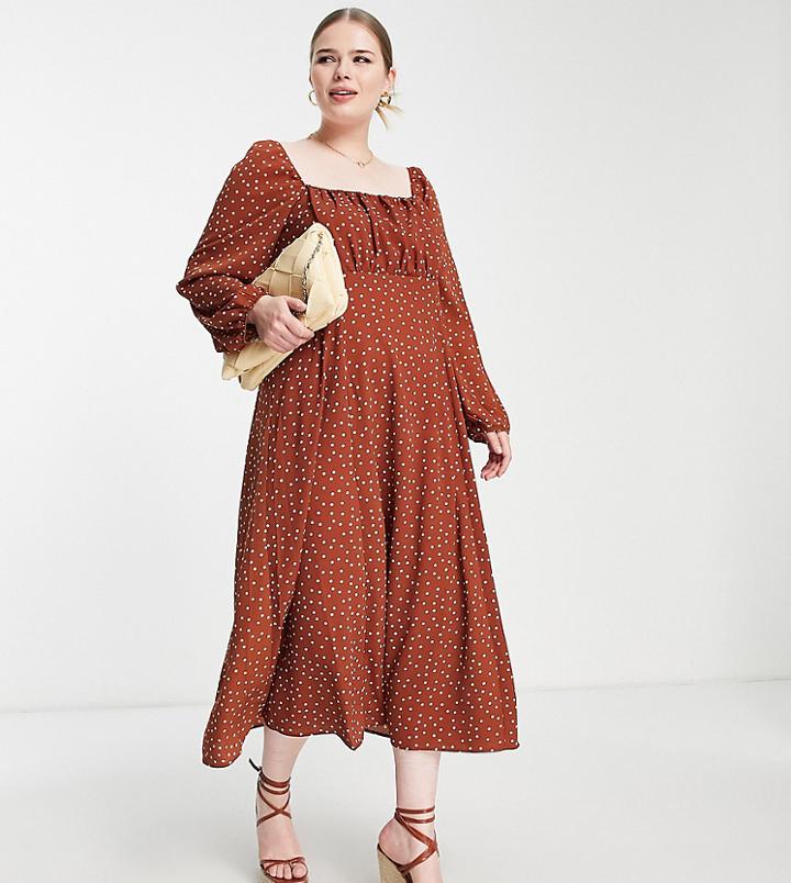 Asos Design Curve Square Ruched Neck Midi Dress In Rust And White Spot-multi