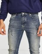 Topman Paint And Rip Stretch Skinny Jeans In Mid Wash Tint-blues