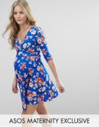 Asos Maternity Nursing Wrap Dress In Blue Floral - Multi