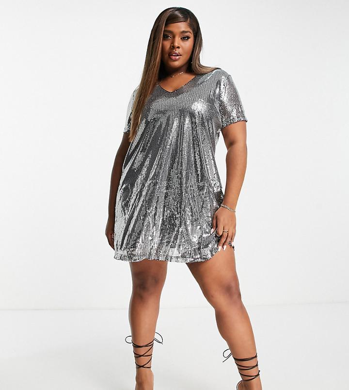 In The Style Plus Exclusive Sequin T Shirt Mini Dress In Silver