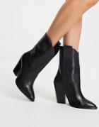 Asos Design Ranch Leather Mid-calf Heeled Western Boots In Black