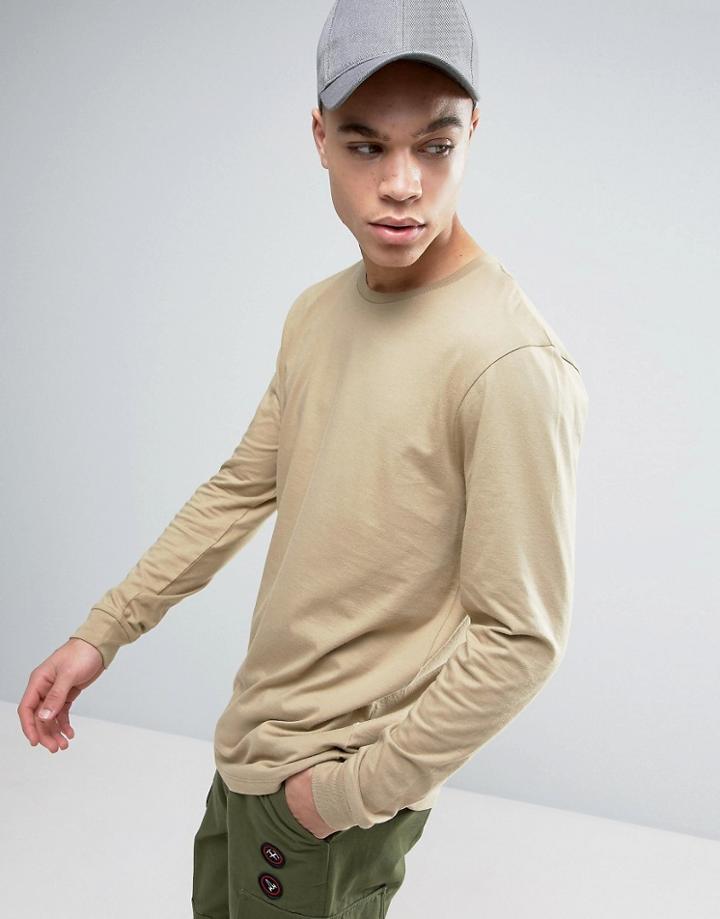 Asos Longline Long Sleeve T-shirt In Beige - Beige