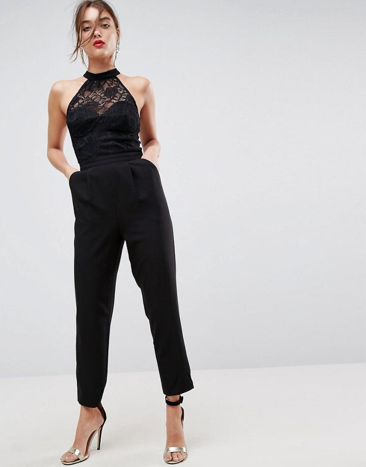Asos Lace Top Jumpsuit With Halter Neck - Black