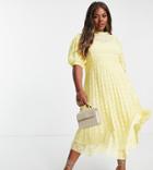 Asos Design Curve High Neck Pleated Chevron Textured Midi Dress With Puff Sleeve In Yellow