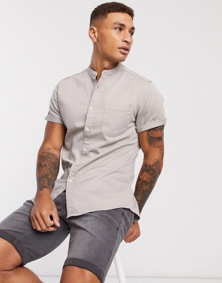 Asos Design Stretch Slim Organic Denim Shirt With Grandad Collar In Gray-grey