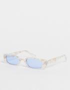 Asos Design Recycled Slim Rectangle Sunglasses With Blue Lens In Pastel Marble Effect-multi