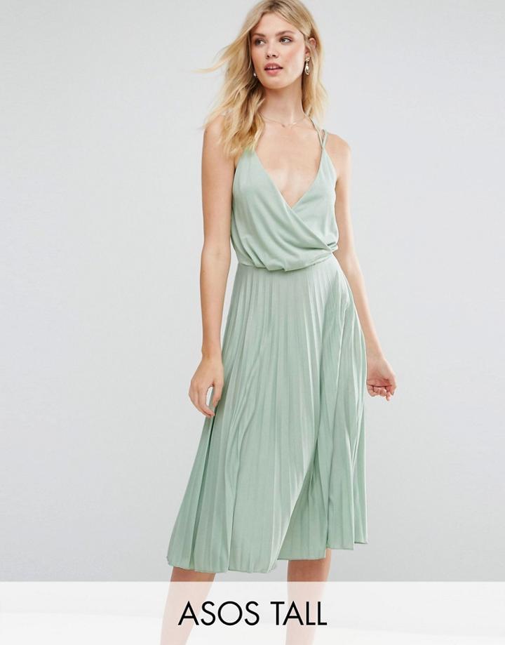Asos Tall Blouson Wrap Pleated Midi Dress - Green