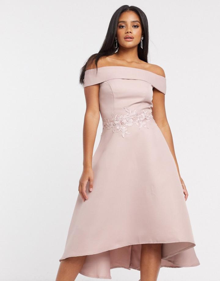 Chi Chi London Bardot High Low Midi Dress In Mink-pink