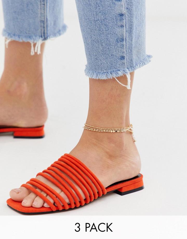 Asos Design Pack Of 3 Anklets With Dot Dash And Disc In Gold Tone