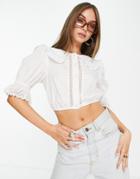 Asos Design Button Through Cotton Top With Collar And Lace Inserts In Ivory-white