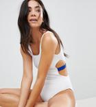 Monki Contrast Cut Out Side Swimsuit - White