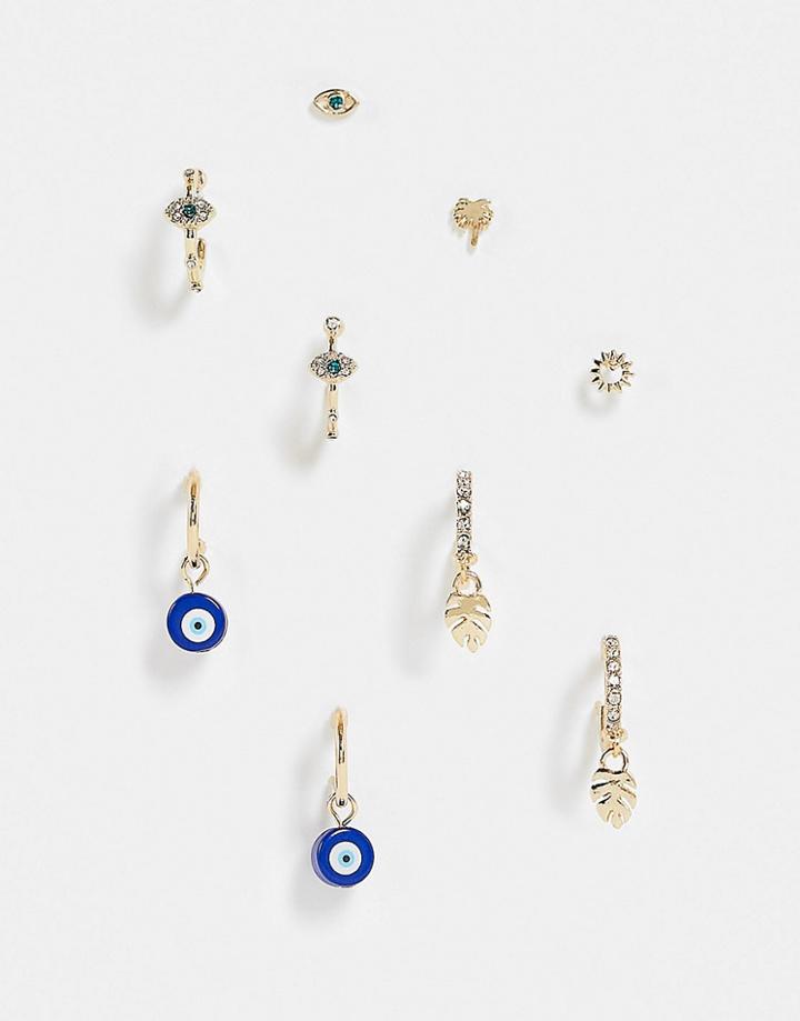Asos Design Pack Of 6 Earrings In Mix Eye Design-gold