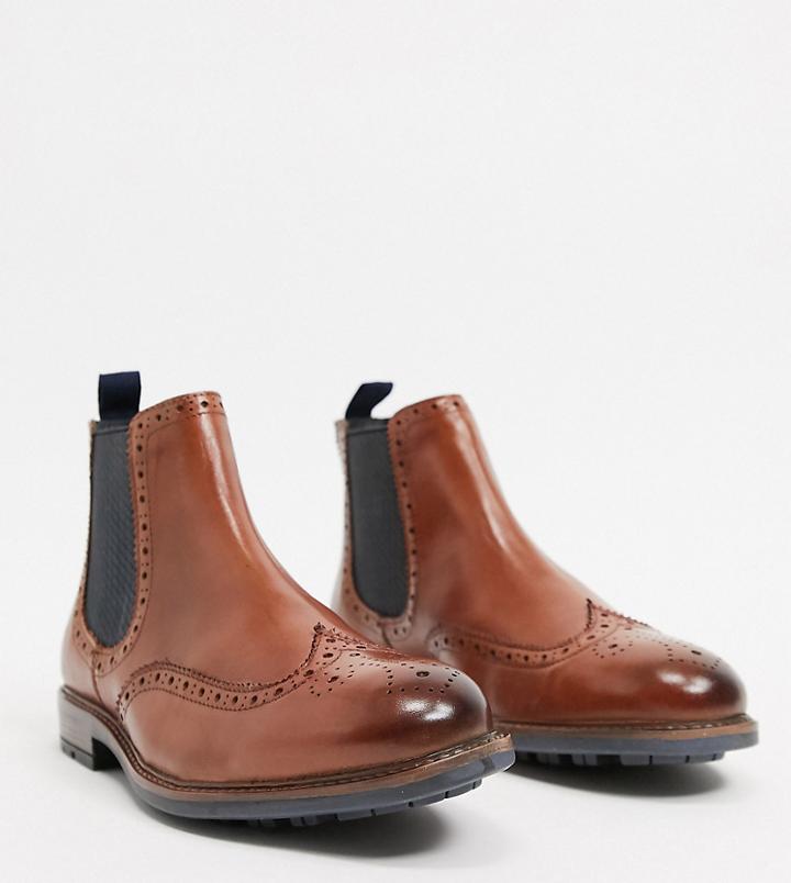 Silver Street Wide Fit Brogue Chelsea Boots In Tan Leather With Contrast Gusset-brown