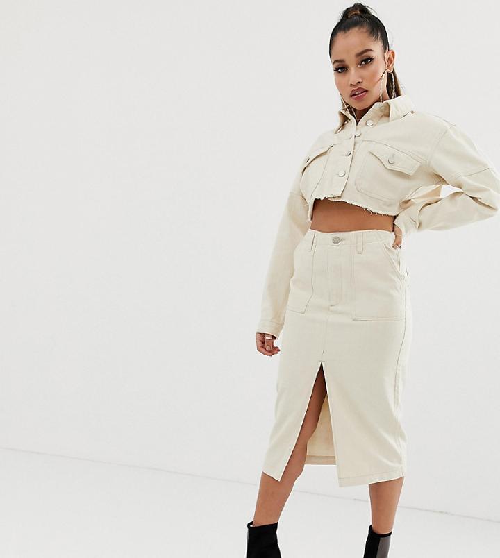 Missguided Petite Two-piece Denim Midi Skirt In Ecru - White