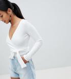 Boohoo Petite Tie Waist Wrap Body - White