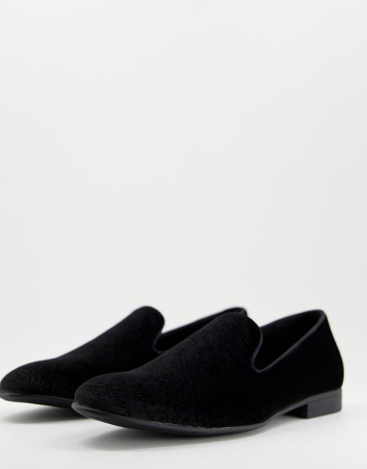 Brave Soul Velvet Baroque Embossed Loafers In Black