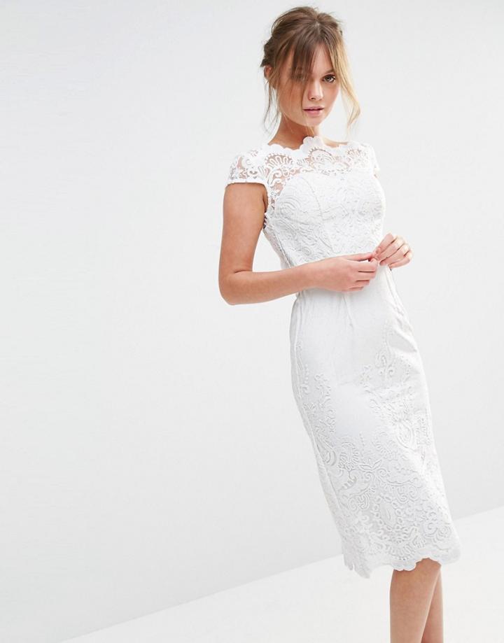Chi Chi London Premium Lace Midi Pencil Dress With Bardot Neck - White