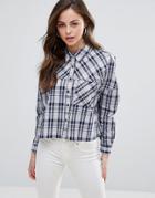 Qed London Cropped Checked Shirt - Blue