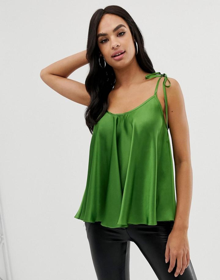 Asos Design Satin Swing Cami With Tie Shoulder - Green