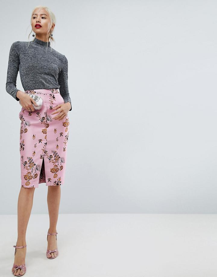 Asos Floral Jacquard Pencil Skirt With Front Split - Multi