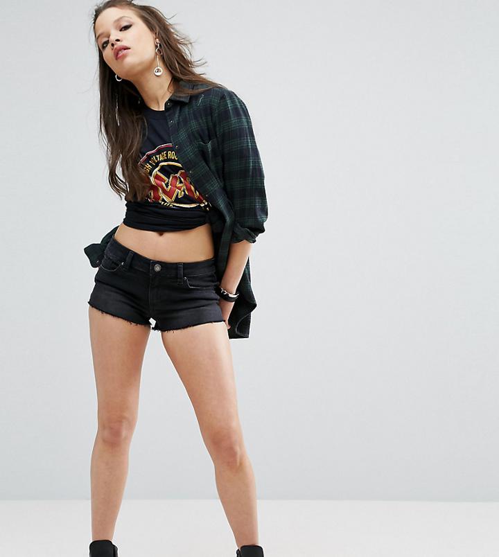 Asos Petite Denim Low Rise Shorts In Washed Black - Black