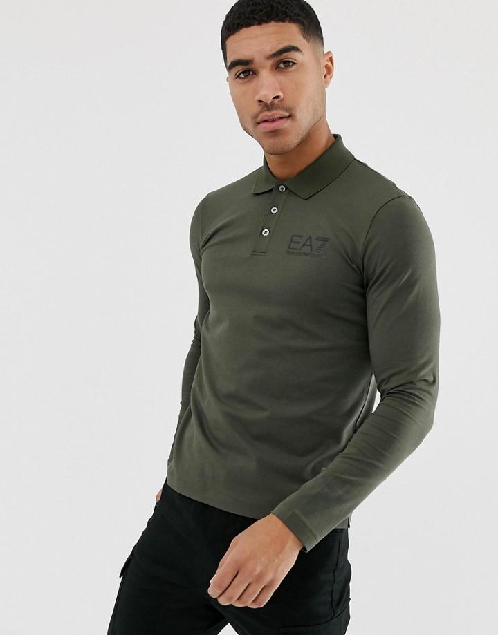 Ea7 Train Core Id Slim Fit Long Sleeve Logo Polo Shirt With Stretch In Khaki - Green