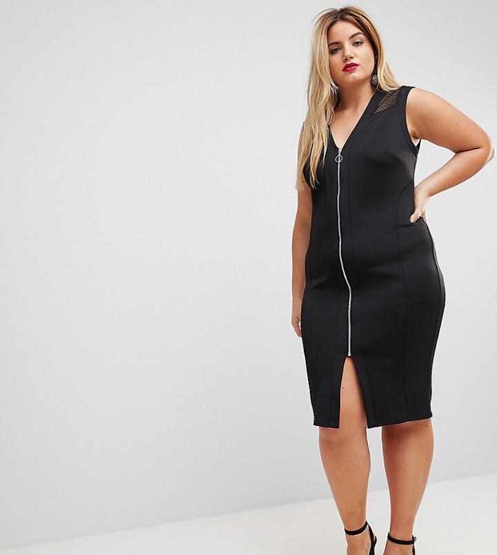 Asos Curve Mesh Insert Bodycon Zip Midi Dress - Black